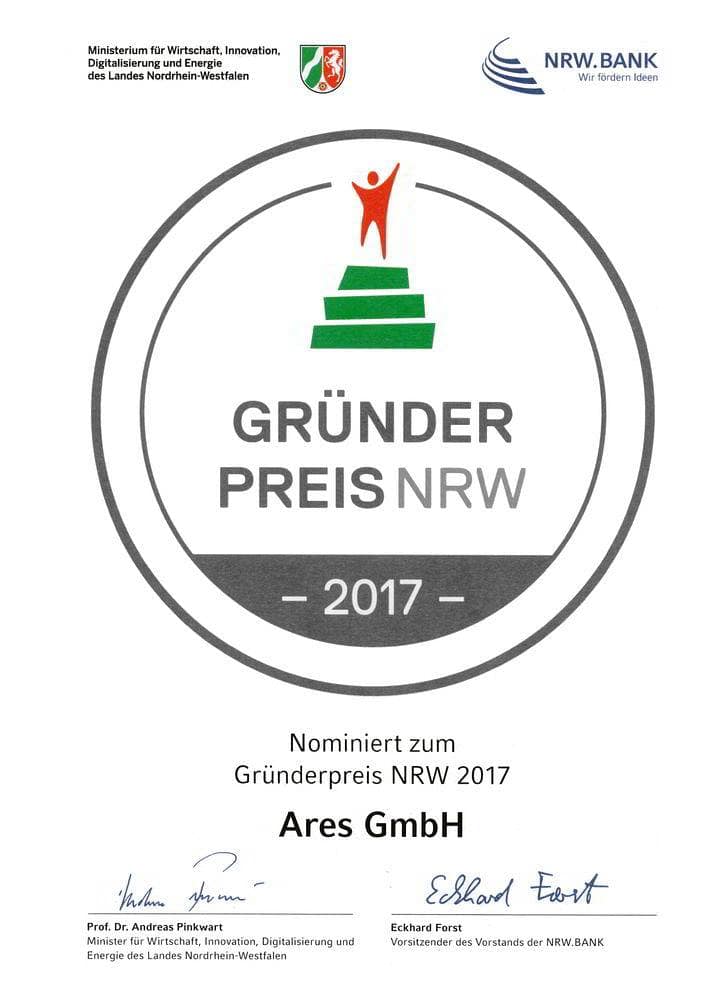 Gründerpreis NRW 2017 Urkunde Ares GmbH