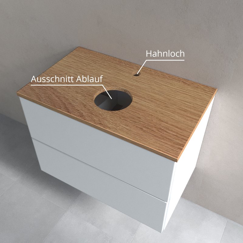 Waschtisch-Unterschrank mit Ausschnitt für Waschbecken-Ablauf und Bohrung für Hahnloch