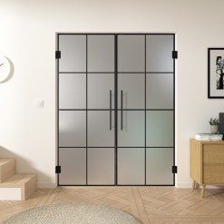 Doppel-Glas-Pendeltür Industrielook schwarz FRAME 2 Satinato