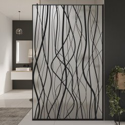 Glastrennwand Dusche Satinato mit schwarzem Druck FRAME FLORA 1