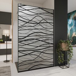 Glastrennwand Dusche Satinato mit schwarzem Druck FRAME FLORA 2