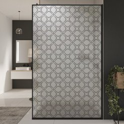 Glastrennwand Dusche Satinatoglas mit schwarzem Druck FRAME BLOSSOM