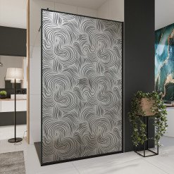 Glastrennwand Dusche Satinatoglas mit schwarzem Print FRAME VORTEX