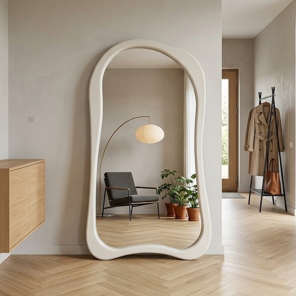 Großer Standspiegel geschwungen mit Holzrahmen Betonoptik – QUENTARA 120 x 190 cm