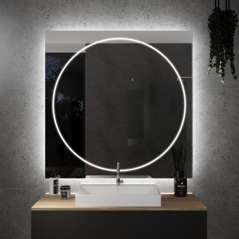 Halbrundes Spiegel in zwei Teilen in einem Rahmen mit Beleuchtung