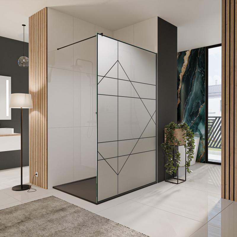 Glastrennwand Dusche aus Satinatoglas mit schwarzem Druck FRAME RAUTE