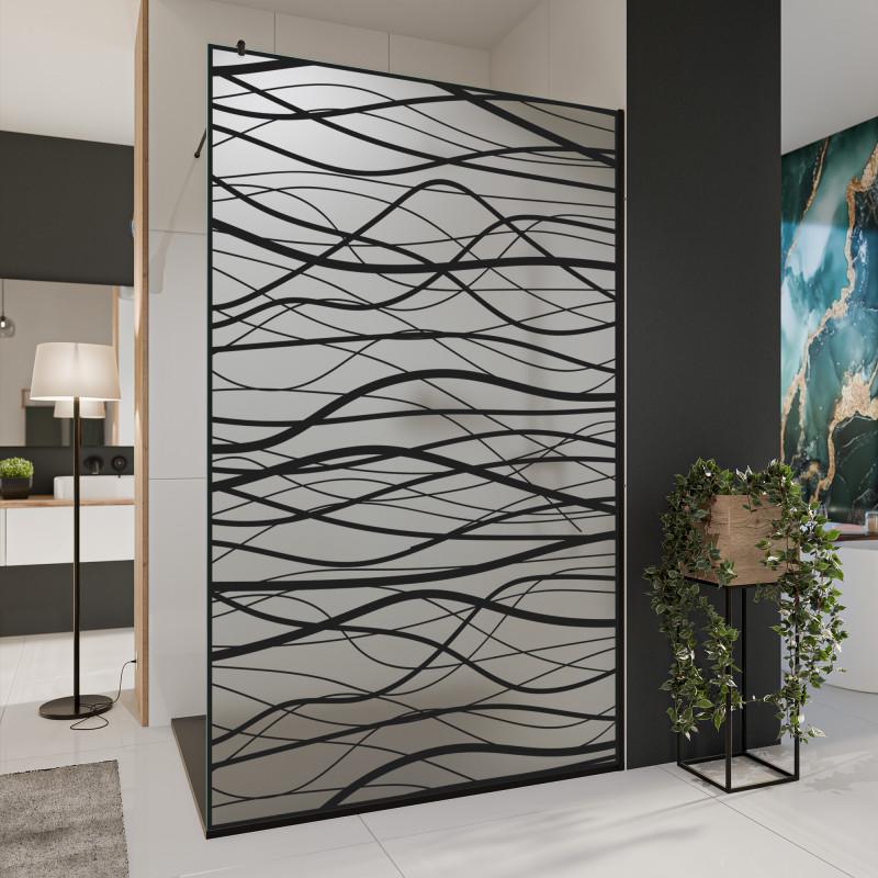 Glastrennwand Dusche Satinato mit schwarzem Druck FRAME FLORA 2