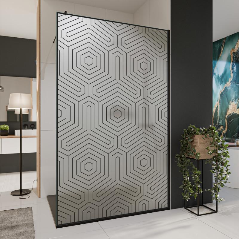 Glastrennwand Dusche Satinato mit schwarzem Druck FRAME HEXAGON