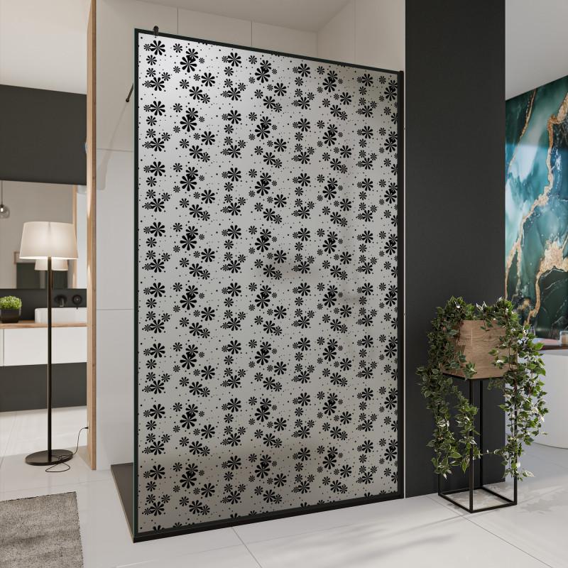 Glastrennwand Dusche Satinatoglas mit schwarzem Druck FRAME BLUMEN 2