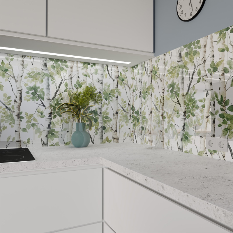 Küchenrückwand ESG Glas 6mm mit keramischen Farbdruck BIRKE 1
