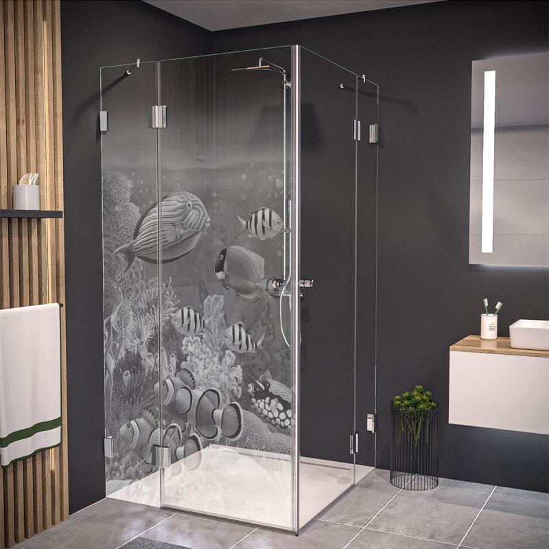 Duschkabine Glas Eckeinstieg mit Motiv FISCHE 3/209