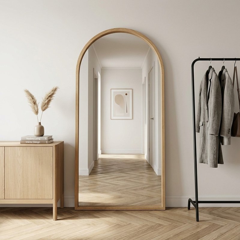 Ganzkörperspiegel Rundbogen mit Holzrahmen natur – HOLVENA 95 x 175 cm