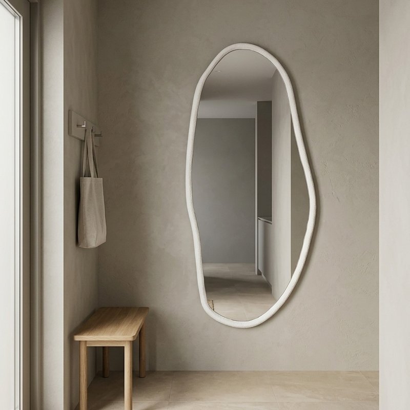 Ganzkörperspiegel organische Form mit Holzrahmen Betonoptik – LUMARIK 80 x 180 cm