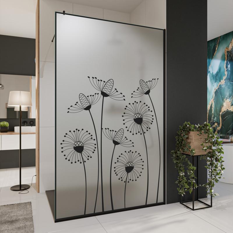 Glastrennwand Dusche Satinatoglas mit schwarzem Druck FRAME DANDELION