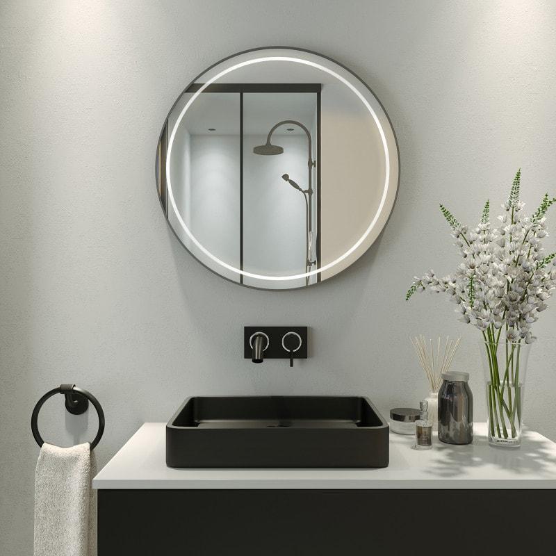 Runder LED Badezimmerspiegel – 61 Cm Schwarz, Dimmbar, Antibeschlagt, Mit Uhr & Lupe
