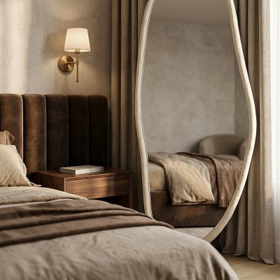 Ganzkörperspiegel organische Form mit Holzrahmen Betonoptik – LUMARIK 80 x 180 cm
