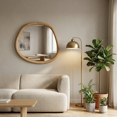 Wandspiegel organische Form mit Holzrahmen natur – BRELMO 56 x 60 cm