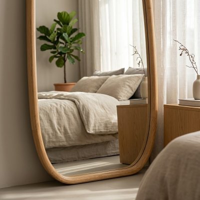 Ganzkörperspiegel organische Form mit Holzrahmen natur – BRENVA 75 x 180 cm