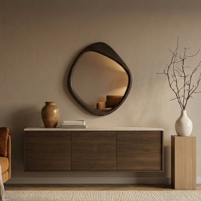 Wandspiegel asymmetrisch mit Holzrahmen nussbaumfarben – ILMORA 65 x 91 cm