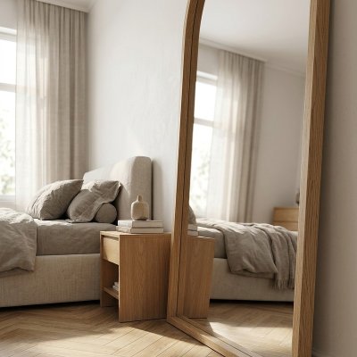 Ganzkörperspiegel Rundbogen mit Holzrahmen natur – HOLVENA 95 x 175 cm