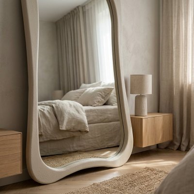 Großer Standspiegel geschwungen mit Holzrahmen Betonoptik – QUENTARA 120 x 190 cm