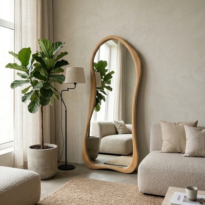 Standspiegel geschwungen mit Holzrahmen natur – ODELVA 85 x 170 cm