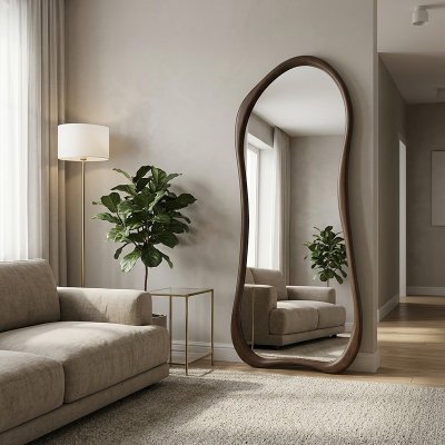Standspiegel geschwungen mit Holzrahmen nussbaumfarben – TORVELO 78 x 180 cm