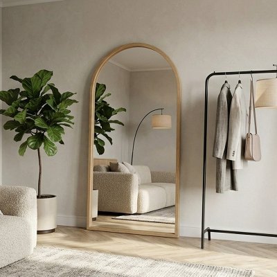 Ganzkörperspiegel Rundbogen mit Holzrahmen natur – HOLVENA 95 x 175 cm