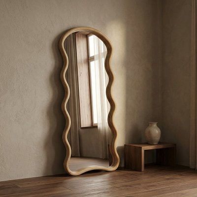Wellenspiegel mit Holzrahmen natur – SKAVENTA 80 x 180 cm
