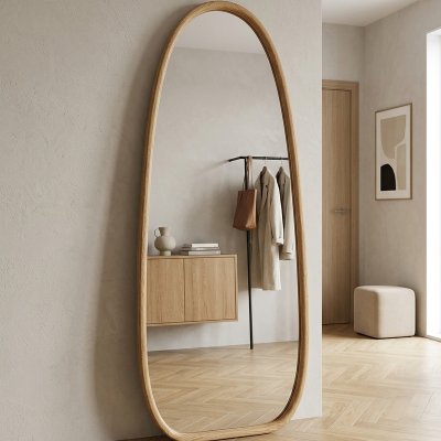 Ganzkörperspiegel organische Form mit Holzrahmen natur – BRENVA 75 x 180 cm
