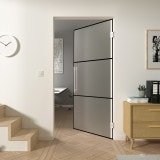 Pendeltür aus satiniertem Glas Industrielook schwarz FRAME 1 Satinato Pendeltür aus satiniertem Glas Industrielook schwarz FRAME 1 Satinato